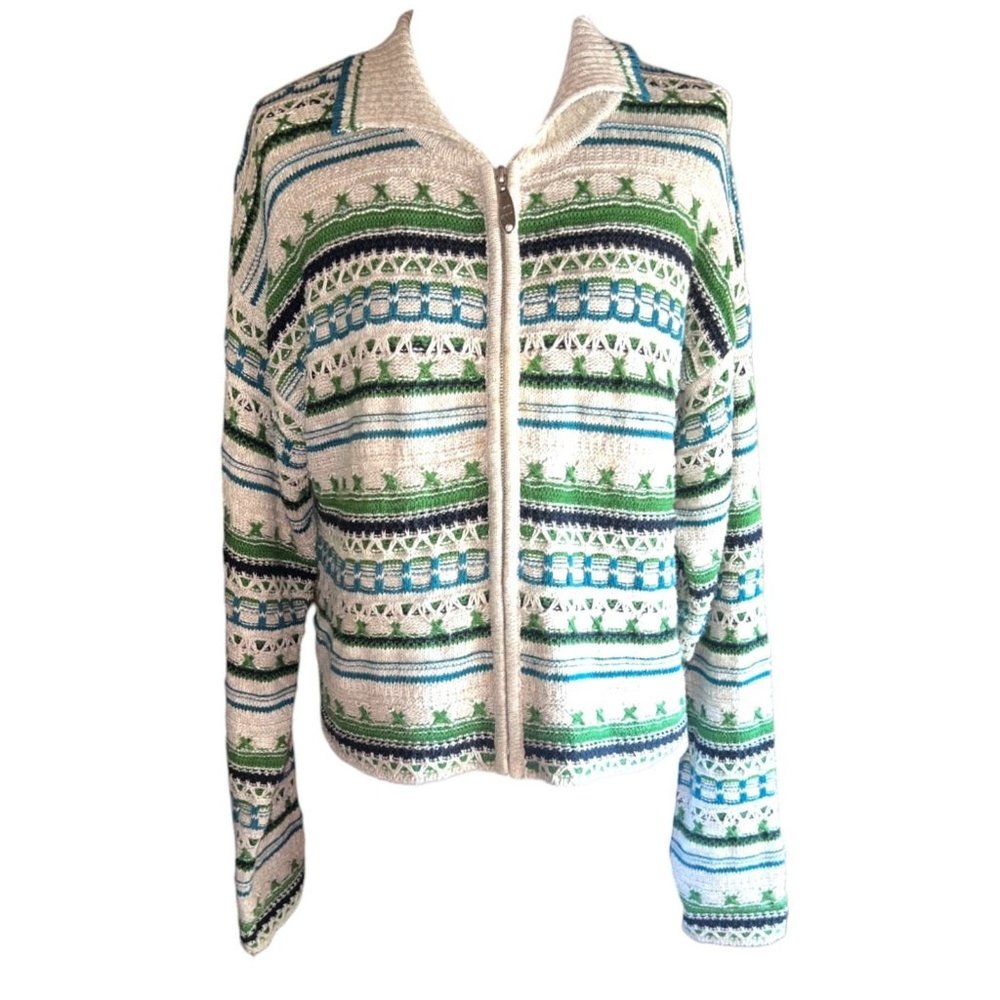Vintage TM Sport by That's Me! Zip up Blue Green Beige Knit Cardigan Size Small - Picture 1 of 9